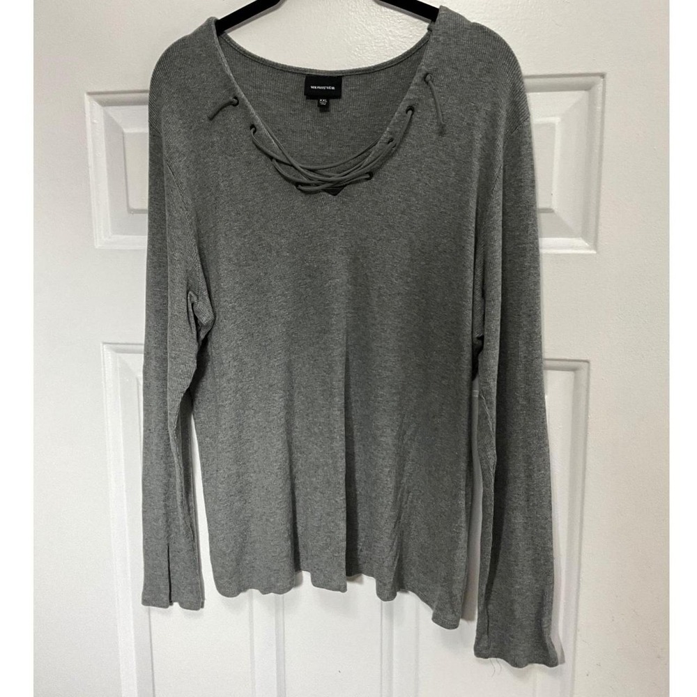 Who What Wear Womens XXL Gray Ribbed Lace Up V-Neck Long Sleeve Top